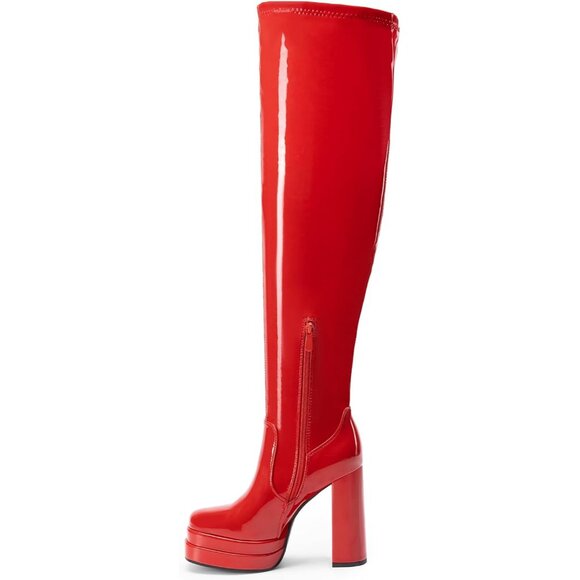 Women's Red-pat Polyurethane (PU) Square Toe Over The Knee Thigh High Boots - Picture 3 of 7